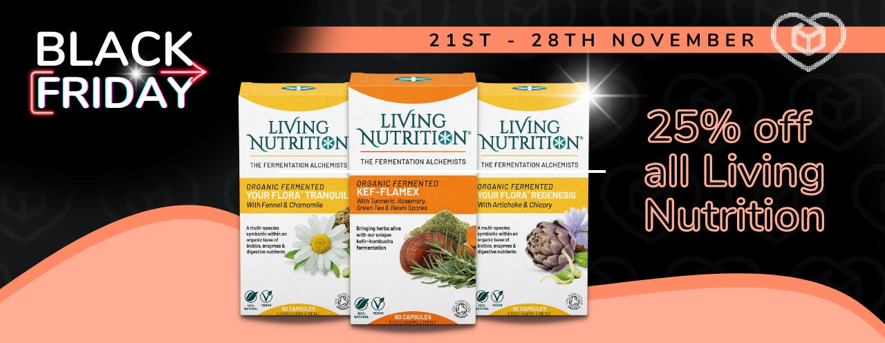 Three Living Nutrition organic supplements on a black background